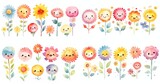 Fototapeta Dziecięca - watercolor illustration of flower and sunflower tree with kawaii smile face, collection set, generative Ai