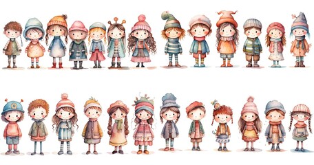 Wall Mural - watercolor cartoon illustration of girls and boys wearing vintage fantasy outfit, isolated on white background, collection set,  Generative Ai