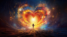 Woman Reaching Out To A Glowing Heart Made Of Light And Energy. Symbol Of Love And Kindness In The Sky. Colorful Artistic Background.