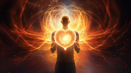 Wall Mural - Loving person holding a glowing heart, surrounded by light and energy. Concept of soul, love, spiritual healing, mystical experience, and energy work.