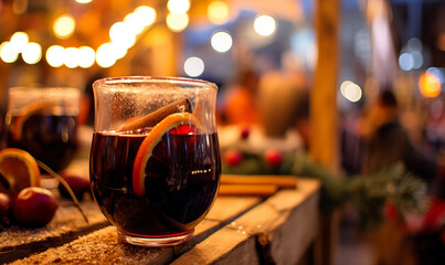 Wall Mural - A festive glass of mulled wine on a bar at an evening christmas market