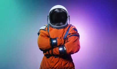 Poster - Spaceman on abstract bright background. Astronaut on modern neon background. Sci-fi space wallpaper with bright light and man in spacesuit. Elements of this image furnished by NASA