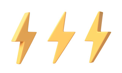 3d yellow charger symbol. Yellow sign of thunder or lightning. Symbol of energy, danger. Minimalistic electrical discharge. 3d rendering