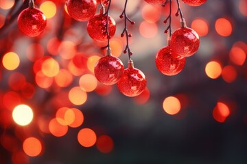 Poster -  a bunch of red berries hanging from a tree with lights in the background.  generative ai