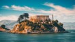 Panoramic view of Alcatraz Island featuring iconic prison and stunning views of San Francisco bay