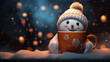 muñeco de nieve con gorro de lana agarrando una taza de color naranja decorada con copos de nieve, sobre fondo desenfocado