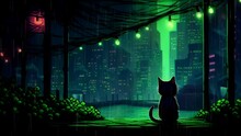 Cat In Cozy Rainy Garden Watching Lightning Storm Over Cyberpunk Cityscape. Flickering Lights, Changing Sky, Looping. Animated Background / Wallpaper. VJ / Vtuber / Streamer Backdrop. Seamless Loop.