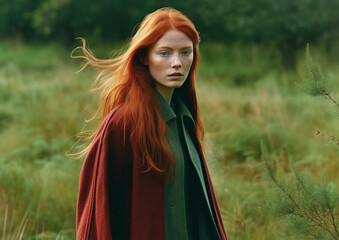 Fashion magazine autumn collection photoshoot with red hair model wearing red coat in green fields.AI Generative