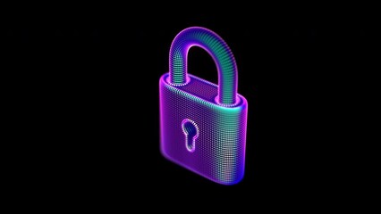 Wall Mural - Rotating 3D icon of glowing neon padlock. Abstract concept of digital data protection, cyber security and personal data privacy. Looped animation of closed blue pixelated pad lock on black background