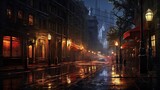 Fototapeta Londyn -  a city street at night in the rain with street lights.  generative ai