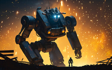 Wall Mural - A huge robot standing on the ruins of the city