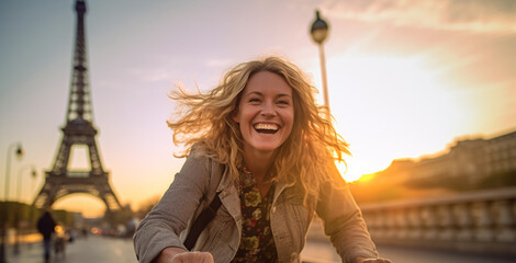 Wall Mural - Cheerful Happy young woman riding bicycle in Paris near Eiffel Tower, Travel to Europe, Famous popular tourist place in world..