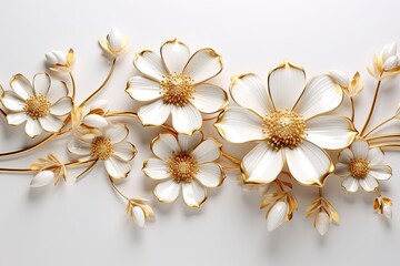 3d gold flowers white backgroung.