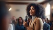 Inspirational young black woman takes the stage, sharing insights and wisdom with a captivated audience. Her impactful conference fosters connection and empowers a diverse crowd. Generative AI