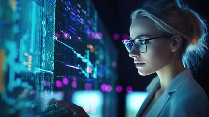 Software, coding hologram and woman thinking about data analysis, digital technology and overlay. Cybersecurity programming and research. Generative AI