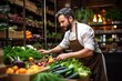 Chef  choosing fresh vegetables at market. Organic products  for cooking in restaurant. Generative ai