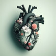 Physical Human Heart Shape Anatomy Made with Beautiful Bouquet Floral Flowers, Leaves, and Ferns on a Light Green Background, Medical, Love, and Emotion Conceept.  Good Hearted Person, Help & Charity