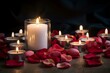 background with hearts, candles, and red rose petals perfect for Valentine's Day message. Generative AI