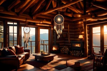 A dream catcher suspended in a cozy mountain cabin, with warm, ambient lighting, radiating a sense of security and connection to nature.