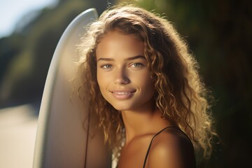 Poster - Beautiful, fit caucasian surfer girl holding a surfboard in her hands.