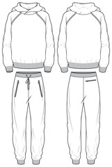 Long sleeve Hoodie sweatshirt jacket with sweatpants design flat sketch Illustration, Hooded sweater jacket with jogger bottom pants front and back view, winter jacket for Men and women