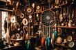 A dream catcher hanging in a vintage, treasure-filled antique shop, surrounded by curiosities from around the world, evoking a sense of nostalgia and wanderlust.