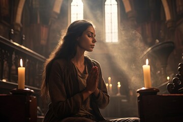 Poster - Young woman sitting and praying inside a church.