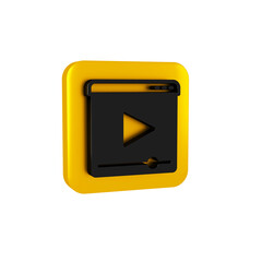 Sticker - Black Online play video icon isolated on transparent background. Film strip with play sign. Yellow square button.