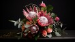 a modern bouquet with vibrant protea, succulents, and tropical leaves, creating a contemporary tropical vibe.