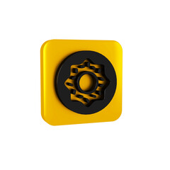 Wall Mural - Black Donut with sweet glaze icon isolated on transparent background. Yellow square button.