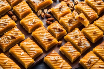 Wall Mural - cakes on a white background, A sumptuous display of Top View Turkish Dessert Baklava glistening with honey, the layers of flaky pastry and finely chopped nuts are a work of culinary art