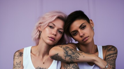 Wall Mural - A lesbian duo, their simple yet poignant tattoos telling their story, isolated on a lavender background, sharing a silent, but powerful, loving gaze.