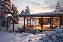 Architectural Masterpiece Amidst Snow-Covered Pines: Modern Glass Cabin With Warm Glowing Interiors Overlooking Frozen Lake At Dusk In Winter