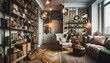 Wide-angle shot of a chic hipster apartment, showcasing eclectic decor. A cozy reading nook with a vintage armchair sits next to a shelf full of antique trinkets and books. Edison bulb lighting.