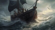 Stormy Ocean With Viking Ship Battling Waves