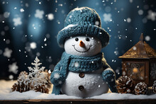 Cheerful Snowman In Knitted Hat And Scarf Meets Festive Christmas Night On Dark Blue Background. Nearby Are Pine Cones And Antique Wooden Lantern. Merry Christmas And Happy New Year Generative Al..