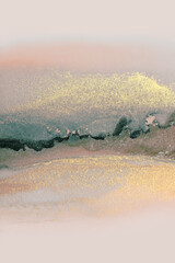Wall Mural - art abstract watercolor and alcohol ink flow blot landscape painting. pink, beige color with gold gl