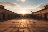 Fototapeta  - Inner courtyard of a prison with a sky with clouds and evening light