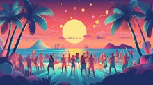 The Image Shows A Night Beach Party With Music