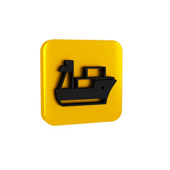 Sticker - Black Cargo ship icon isolated on transparent background. Yellow square button.