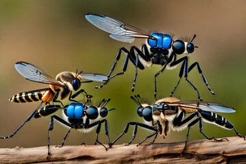 Wall Mural - dragonfly on a tree, A Robber fly and an Assassin fly engage in a high-stakes aerial duel, each displaying incredible agility and precision