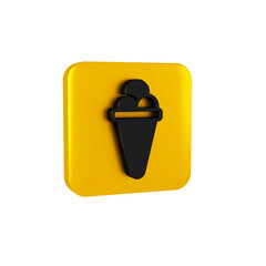 Wall Mural - Black Ice cream in waffle cone icon isolated on transparent background. Sweet symbol. Yellow square button.