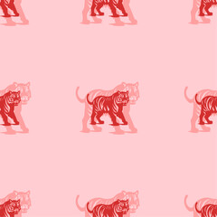 Wall Mural - Seamless pattern of large isolated red tiger symbols. The elements are evenly spaced. Vector illustration on light red background