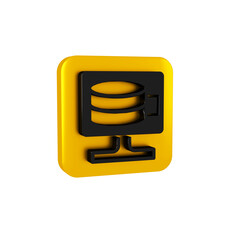 Poster - Black Cloud database icon isolated on transparent background. Cloud computing concept. Digital service or app with data transferring. Yellow square button.