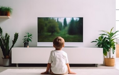 A child is watching TV in a modern interior of a white room