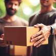 © Igor - close up hands and box Delivery man delivering holding parcel box to customer. ai generative