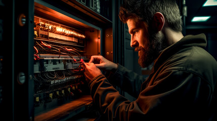 Man working on electrical panel in room with lot of wires.