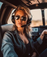 Wall Mural - Cute and beautiful blonde woman smiling while flying a helicopter and enjoying the views