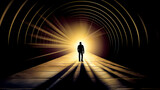 Fototapeta Perspektywa 3d - Man standing in the middle of tunnel with light at the end.