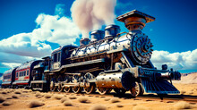 Steam Engine Train Traveling Through Desert Under Blue Sky With Clouds.